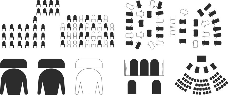 Silhouette of seating arrangements, classroom rows, circular layouts, stage setup, conference design, black and white illustration, spatial planning, venue organization, vector reference