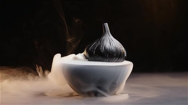 Dark studio shot of black garlic ice cream in a bowl with liquid nitrogen fog drifting around and faint caramel steam rising, symbolizing molecular gastronomy and creative culinary innovation.