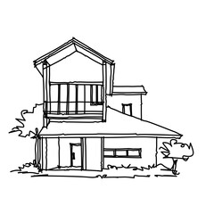 Hand drawn architectural sketch of beautiful modern tropical house with plants and trees.
