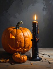 Halloween composition featuring lit candle, carved pumpkin, and miniature gourd