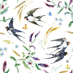 Obraz premium A delicate watercolor illustration of flying swallows and wildflowers, isolated on a clean white background. Perfect for spring themes, invitations, and romantic designs