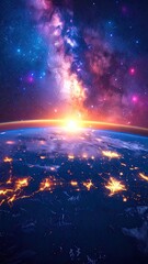 Earthrise Over City Lights and Milky Way Galaxy