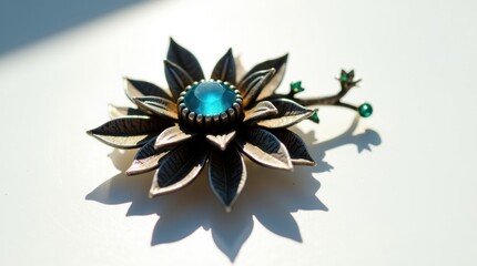 Vintage floral brooch with blue gemstones and metallic petals