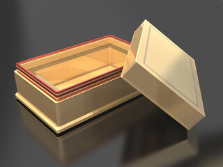 3d Karton, Geschenkkarton mit offenen Deckel in gold auf schwarzen Hintergrund