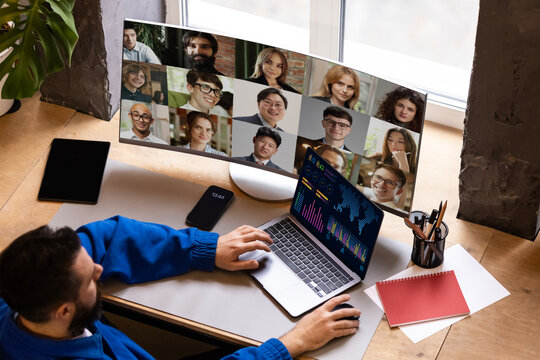 Modern collage. Analyst in virtual meeting analyzing data charts on laptop with global team. Concept of financial analytics, teamwork, hybrid work, business intelligence, and collaboration efficiency.