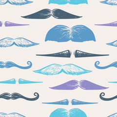 Vintage mustache seamless pattern vector. Hand drawn retro pattern with different type moustaches. Mustache seamles background.