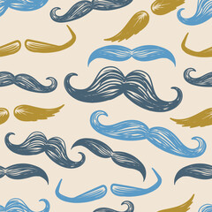 Vintage mustache seamless pattern vector. Hand drawn retro pattern with different type moustaches. Mustache seamles background.