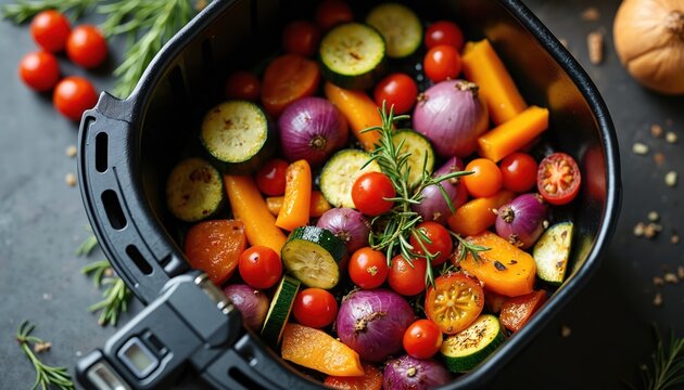 Assorted colorful veggies roast in air fryer. Healthy diet concept with red tomatoes orange pepper purple onion green zucchini and rosemary. Roasted food for culinary receipes.