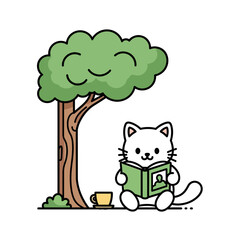 Vector Illustration of Kawaii White Cat Reading a Book Under Shady Green Tree