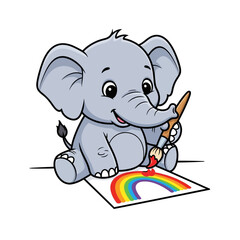 Vector Illustration of Little Elephant Painting a Rainbow for Kids and Education.