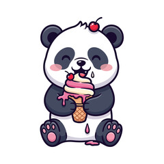 Vector Illustration of Kawaii Panda Happily Eating Sweet Melting Ice Cream Cone with Cherry Topper