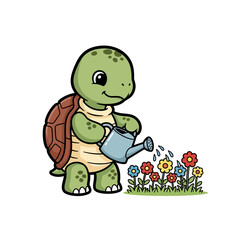 Vector Illustration of Cartoon Baby Turtle Watering Flowers with Watering Can