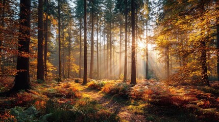Obraz premium Serene Autumn Forest with Sunlight Filtering Through Tall Trees, Creating a Magical Atmosphere of Warm Colors and Soft Shadows at Dawn