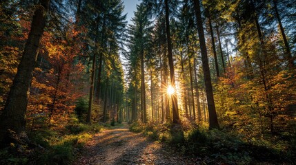 Obraz premium Serene Forest Pathway Illuminated by Golden Sunlight Amidst Colorful Autumn Foliage, Inviting Exploration and Tranquility in Nature's Embrace