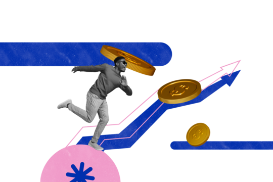 Contemporary poster trend art collage of happy american man run arrow direction coin dollar capital success development income