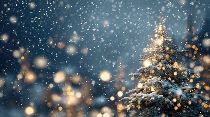 Snowy Christmas Scene with Lights on Pine Tree Captured in Winter Wonderland Atmosphere During Beautiful Holiday Celebration Evening