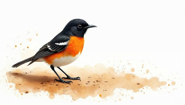 Watercolor painting of bird on sandy surface. Colorful plumage detailed design avian illustration. Fine art piece wildlife theme. Black orange white feathers decor. Artistic expression small animal