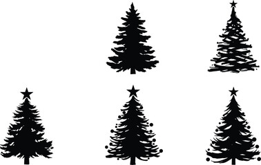 Christmas tree silhouettes, festive holiday pine design, decorated fir illustration, stylized spruce art, seasonal celebration vector, ornamented winter decoration, star topped