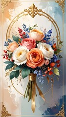 Elegant Peach And White Rose Bouquet With Gold Frame