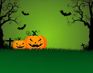 Halloween themed background with pumpkins, bats, grass and bare trees