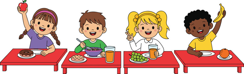 Cartoon children eating various foods at table, healthy snacks, fruits, cereal, juice, diverse characters, nutrition theme vector illustration