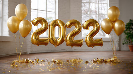 Elegant 2022 New Year celebration setup with golden balloons festive decor shiny background joyful atmosphere stylish party decorations and luxury ambiance