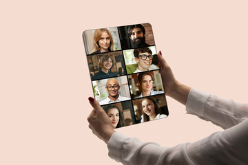 Graphic composition. Woman holding tablet during online meeting with international colleagues. Concept of remote communication, global collaboration, online education, and digital workplace harmony.