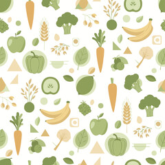 Seamless Organic Vegan Pattern Flat Design with Vegetables and Fruits in Pastel Green Style