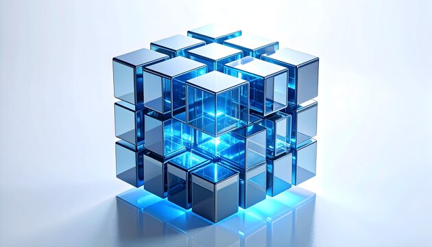 Floating modular quantum lattice — micro-channels cube with internal cyan emitters