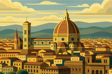 Fototapeta premium DrukowanieStylized Florence Cityscape. This vibrant illustration captures the heart of Florence, Italy, featuring the iconic red dome of Santa Maria del Fiore and Giotto’s Campanile.