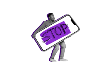 Composite photo collage of astonished man hold huge phone device stop fake mass media spread disinformation isolated on painted background