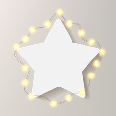 Star picture frame on beige bg, decorated with moon islamic glowing garland. Light empty vector Christmas card mock up, festive greeting poster, winter party invitation. Neutral creamy gallery leaflet