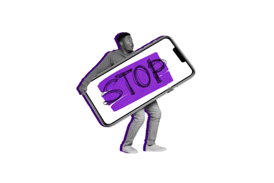 Composite photo collage of astonished man hold huge phone device stop fake mass media spread disinformation isolated on painted background