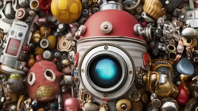 Steampunk Assemblage: Retro Robot Eye Amidst a Whirlwind of Vintage Objects and Artifacts