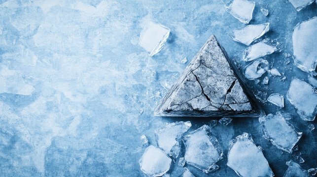 Majestic melting icebergs in the Antarctic Ocean showcasing a pyramid-shaped block surrounded by fractured glacial ice