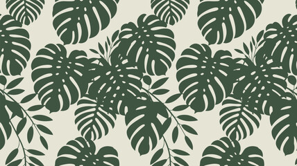 A seamless pattern of dark green monstera leaves and smaller leaves on a light beige background art deco