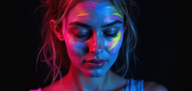 Close up of woman face art with creative colorful makeup. Beauty portrait of young female with abstract skin paint design in neon lights, glowing in dark. Bodyart concept of party.