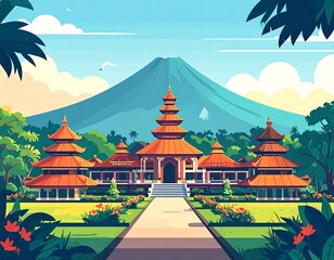Illustration of a traditional building in front of a mountain