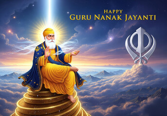 Happy Guru Nanak Jayanti Greeting with Guru Nanak Dev Ji and Golden Khanda Symbol