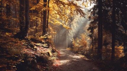 Obraz premium Serene Autumn Forest Path Illuminated by Golden Sunshine Filtering Through Vibrant Fall Foliage, Creating a Magical Atmosphere of Nature's Beauty and Tranquility