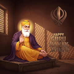 Happy Guru Nanak Jayanti Greeting with Guru Nanak Dev Ji and Golden Khanda Symbol