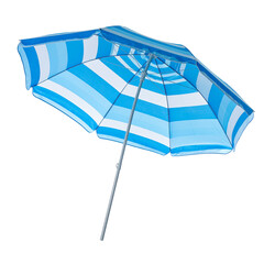 Blue Striped Beach Umbrella: A vibrant beach umbrella with striking blue and white stripes stands open, ready to offer shade on a sunny day. Capturing the essence of leisure and relaxation.