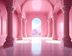 Hallway with pink walls, pillars, and an arched view to mountains