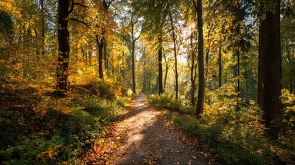 Obraz premium Serene Autumn Forest Pathway Illuminated by Sunlight Through Colorful Trees Creating a Tranquil Natural Landscape Ideal for Outdoor Photography