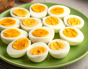 Halved boiled eggs, bright yellow yolks, presented on a green plate