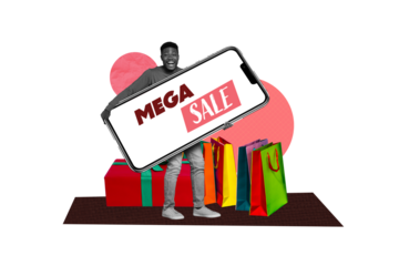 Composite photo collage of happy american man hold phone mega sale order packages present box discount isolated on painted background