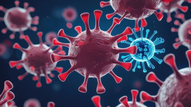 Microscopic Threat: A visually striking depiction of a collection of viruses, vividly showcasing the microscopic world and the intricate structures of these harmful entities.