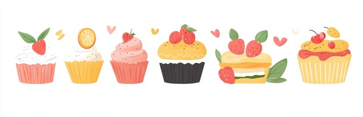 Colorful Dessert Illustration with Cupcakes and Fruits on White Background