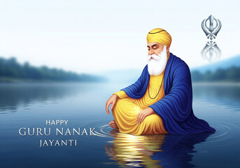 Happy Guru Nanak Jayanti Greeting with Guru Nanak Dev Ji and Golden Khanda Symbol