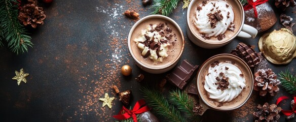 Cozy Hot Chocolate Cups with Toppings Surrounded by Festive Decorations
